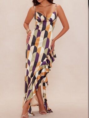 Geometric Satin Ruffle Silk Dress